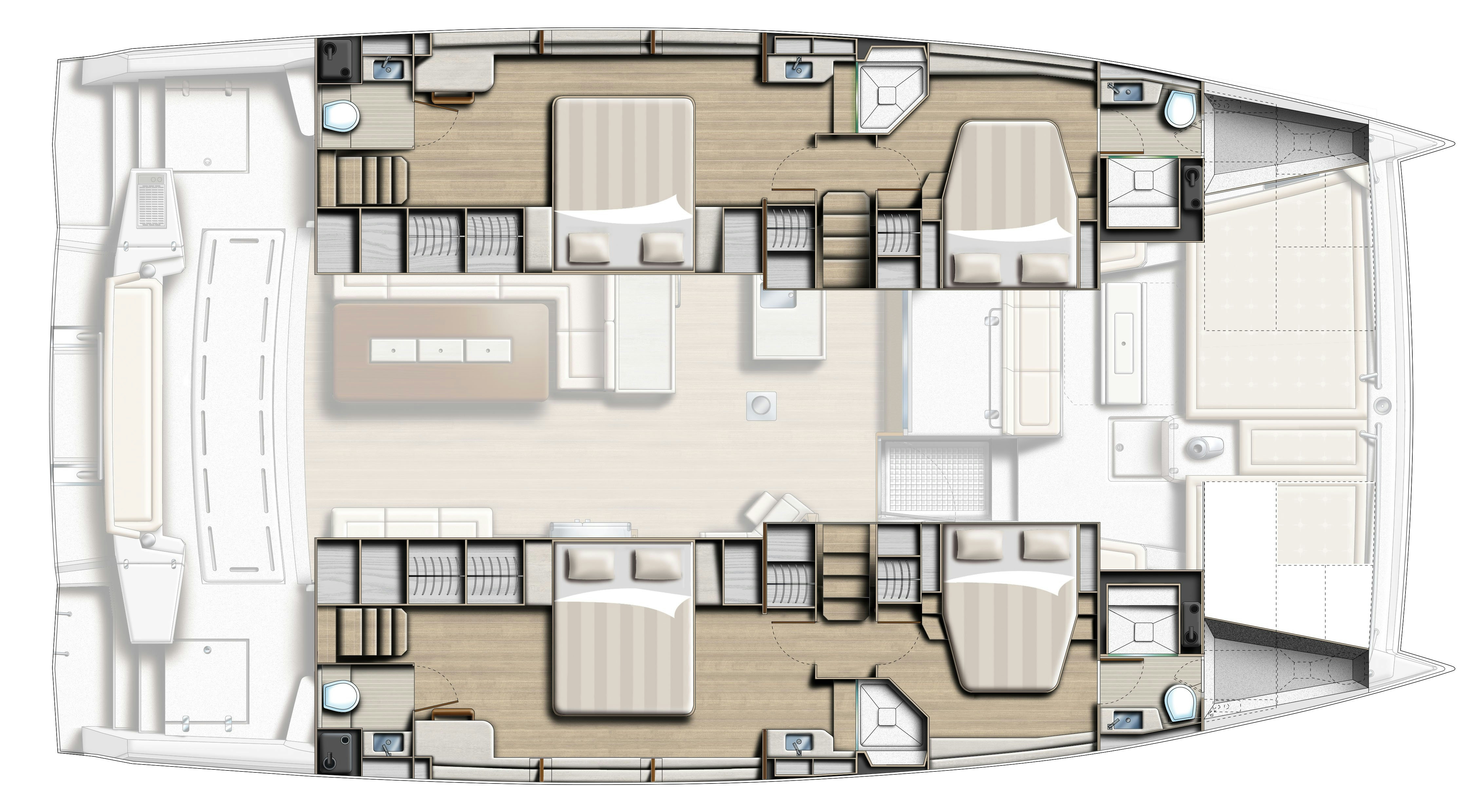 Bali 5.4 Sailing Catamaran - layout 4 cabin twin