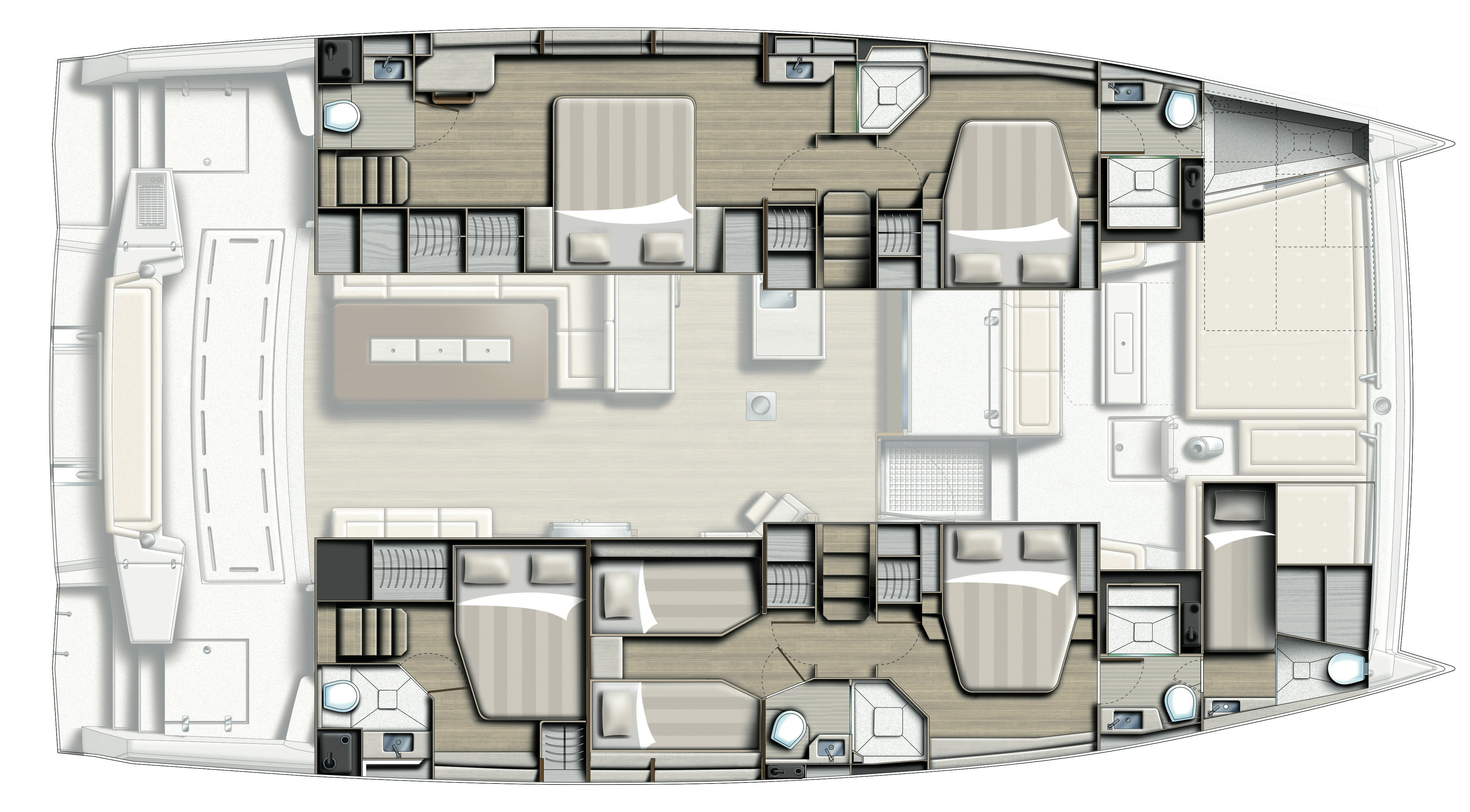 Bali 5.4 Sailing Catamaran - layout 5 cabin twin